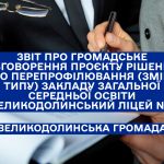 Звіт про громадське обговорення проєкту рішення «Про перепрофілювання (зміни типу) закладу загальної середньої освіти Великодолинський ліцей №2 Великодолинської селищної ради Одеського району Одеської області у Великодолинську гімназію №2 Великодолинської селищної ради Одеського району Одеської області»
